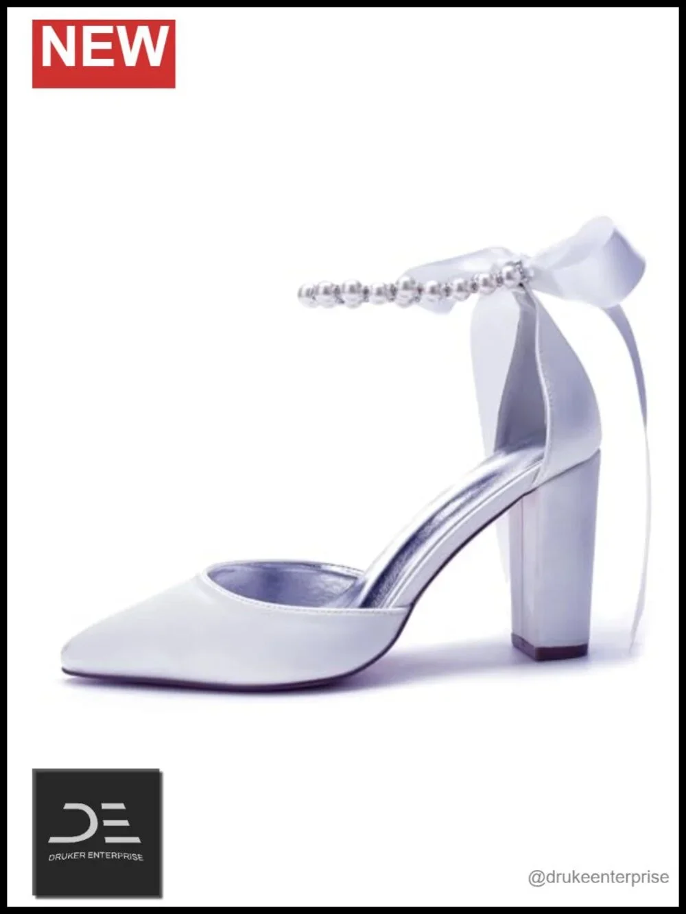 Pearl Satin Wedding Shoes for Bride Pointed Toe High Heels Block Heels Prom